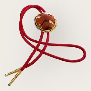Western Bolo Tie Brown Stone Red Cord Gold-Tone Tips Southwestern